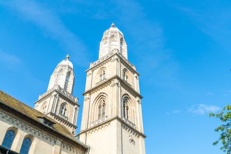 Beautiful Architecture at Famous Tower of Grossmunster church in Zurich City, Switzerland
