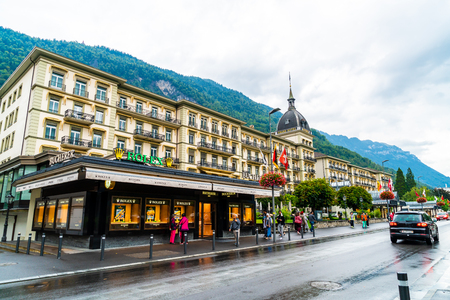 INTERLAKEN, SWITZERLAND - AUG 24, 2018 : Scenery of Old Town of Interlaken, Switzerland.のeditorial素材