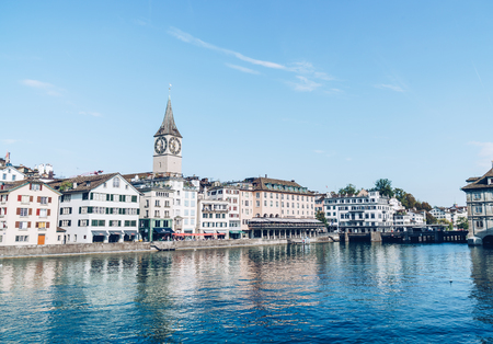 Zurich city center with famous Fraumunster and Grossmunster Churches and river Limmat at Zurich Lake, Switzerlandのeditorial素材