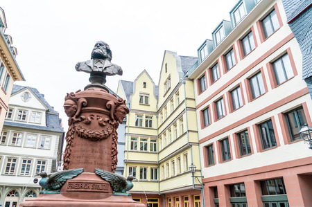 Beautiful old town square romerberg with Justitia statue in Frankfurt Germanyのeditorial素材
