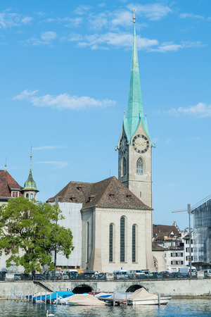 Zurich city center with famous Fraumunster and Grossmunster Churches and river Limmat at Zurich Lakeのeditorial素材