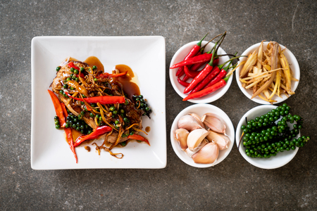 stir-fried spicy and herb with grouper fish fillet  - Thai food styleの写真素材