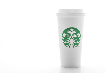 BANGKOK, THAILAND - JUN 5, 2018: White coffee cup isolated on white background. Starbucks is the world's largest coffee house with over 20,000 stores in 61 countries.のeditorial素材