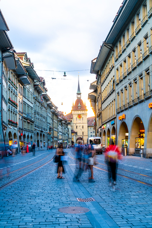 Bern, Switzerland - 23 AUG 2018: People on the shopping alley with the Zytglogge astronomical clock tower of Bern in Switzerland.のeditorial素材