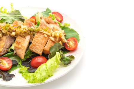 grilled chicken with salad vegetable isolated on white backgroundの写真素材