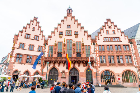 FRANKFURT, GERMANY - SEP 2, 2018: People on Roemerberg square in Frankfurt, Germany. Frankfurt is the fifth-largest city in Germany.のeditorial素材