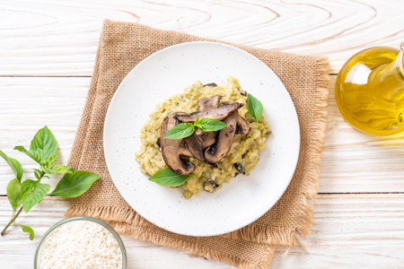 Homemade Mushroom Risotto with Pesto and Cheeseの写真素材