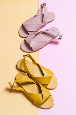 fashion female and woman leather sandals with slingbackの写真素材