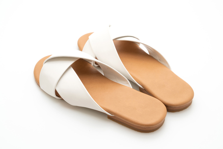 beautiful fashion female and woman leather sandals isolated on white backgroundの写真素材