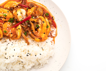 stir-fried octopus or squid and Korean spicy paste (osam bulgogi) with rice isolated on white backgroundの写真素材