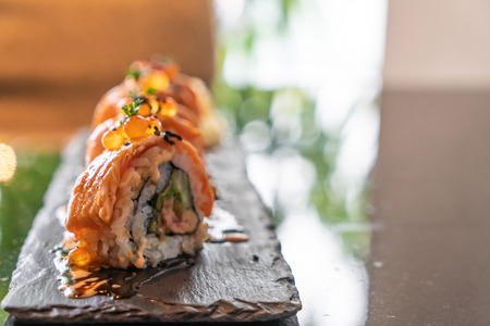 salmon sushi rolls with foie gras - japanese food styleの写真素材