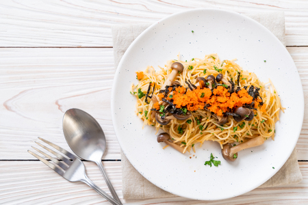 spaghetti with mushrooms, shrimp egg and seaweed  - fusion food styleの写真素材