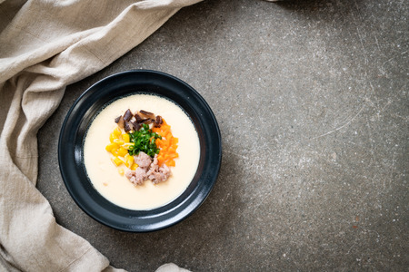 homemade steamed egg with mince pork and vegetableの写真素材