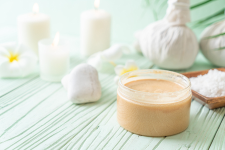 Spa treatments set on wooden background - Beauty conceptの写真素材