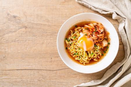 Korean instant noodles with kimchi and egg - Korean ramen styleの写真素材