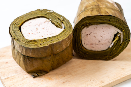 Pork sausage Vietnamese or Vietnamese steamed pork on wood boardの写真素材