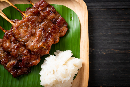 grilled skewered milk pork with white sticky rice - local Thai street food styleの写真素材