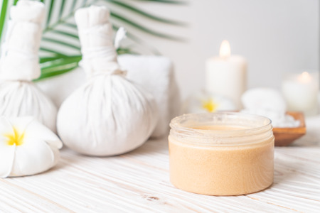 Spa treatments set on wooden background - Beauty conceptの写真素材