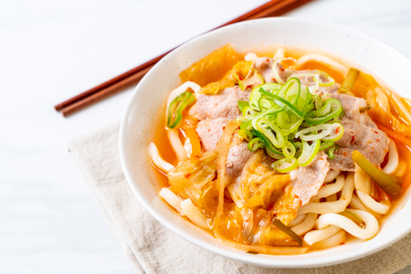 udon ramen noodle with pork and kimchi - korean and japanese food styleの写真素材