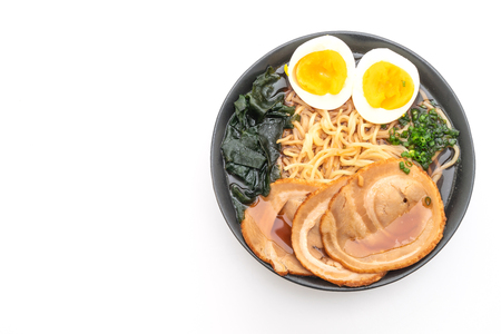Shoyu ramen noodle with pork and egg isolated on white backgroundの写真素材