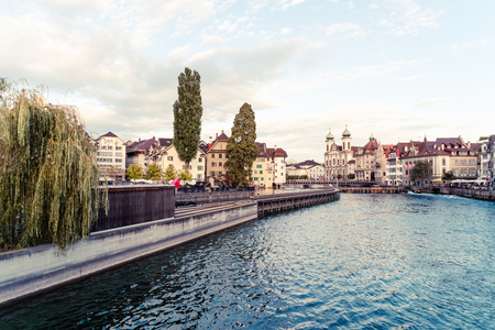 Historic city center of Lucerne (Luzern) with famous Chapel Bridge in Switzerland.の写真素材