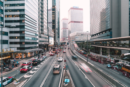 HONG KONG - FEB 21 2019: View of traffics with office & commercial buildings in Central area in Hong Kong.のeditorial素材