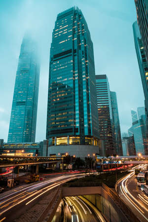 View of traffics with office & commercial buildings in Central area in Hong Kong.