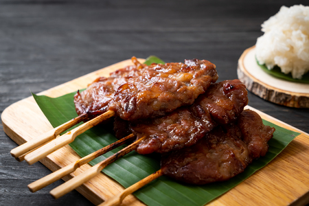 grilled skewered milk pork with white sticky rice - local Thai street food styleの写真素材