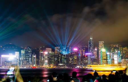 Beautiful architecture building cityscape in Hong Kong city skyline at night and light up