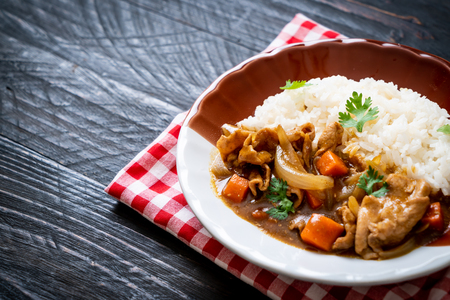 Japanese curry rice with sliced pork, carrot and onions - Asian styleの写真素材