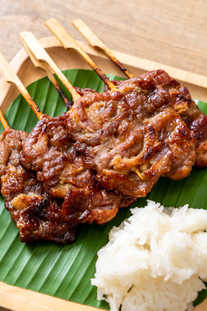 grilled skewered milk pork with white sticky rice - local Thai street food styleの写真素材