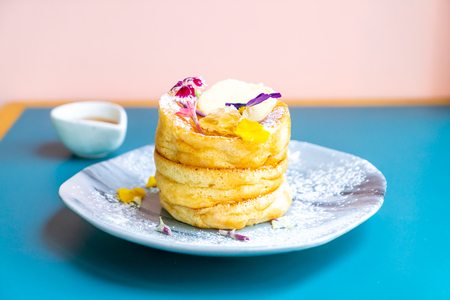 souffle pancake with honey and butterの写真素材