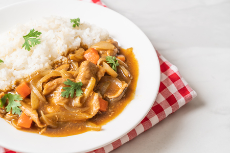 Japanese curry rice with sliced pork, carrot and onions - Asian styleの写真素材