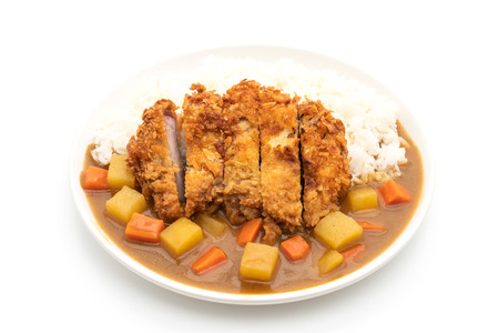 Crispy fried pork cutlet with curry and rice isolated on white backgroundの写真素材