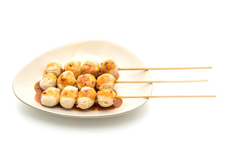grilled pork meatballs with sweet chili sauce isolated on white backgroundの写真素材
