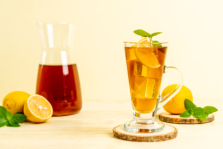 glass of ice lemon tea with mintの写真素材