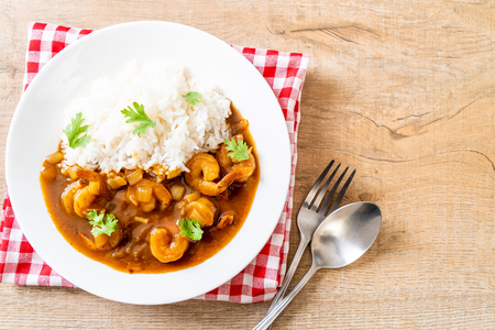 Shrimps in curry sauce on topped riceの写真素材