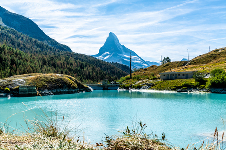 Matterhorn with Mosjesee Lake in Zermatt, Switzerlandの写真素材