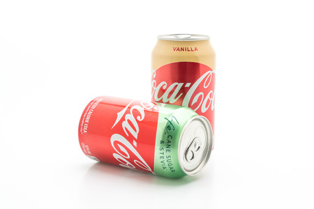Bangkok, Thailand - MAY 13, 2019: Coca Cola can drinks stevia and vanilla isolated on white background. The carbonated soft drink is produced by The Coca-Cola Company.のeditorial素材