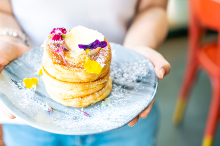 souffle pancake with honey and butterの写真素材