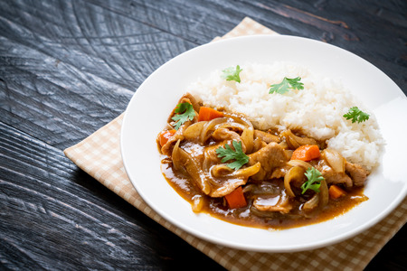 Japanese curry rice with sliced pork, carrot and onions - Asian styleの写真素材