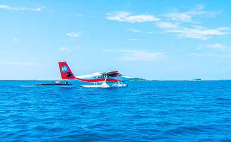seaplane is taking off at the airport in Maldives with beautiful skyのeditorial素材