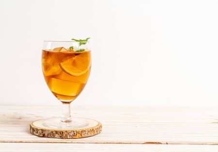 glass of ice lemon tea with mintの写真素材