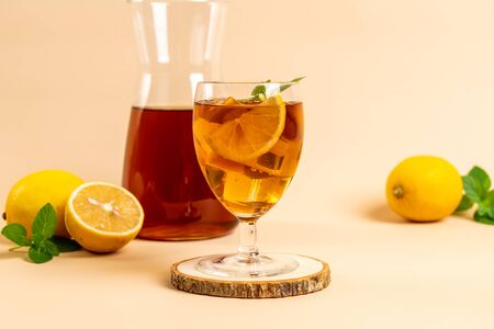 glass of ice lemon tea with mintの写真素材