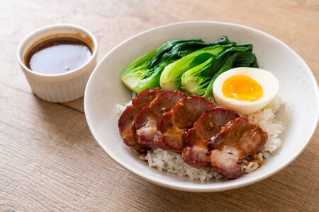 roast barbecue red pork on topped rice - Asian food styleの写真素材