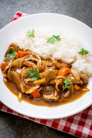Japanese curry rice with sliced pork, carrot and onions - Asian styleの写真素材