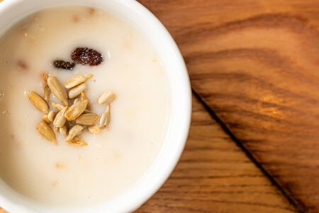 mushroom soup in white bowlの写真素材