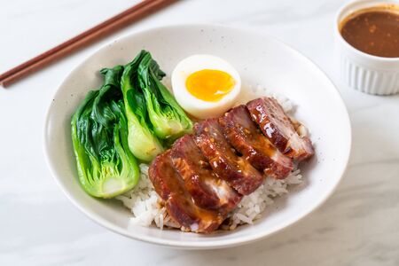 roast barbecue red pork on topped rice - Asian food styleの写真素材