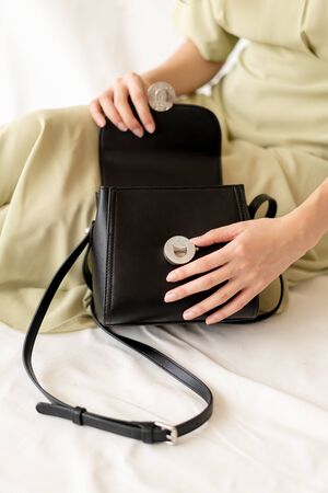 Beautiful woman leather fashion bagの写真素材