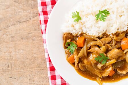 Japanese curry rice with sliced pork, carrot and onions - Asian styleの写真素材